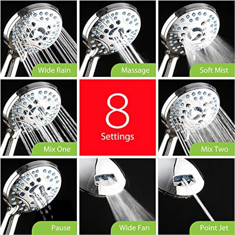 AquaCare High Pressure 8-Mode Handheld Shower Head – Anti-Clog Nozzles, Built-in Power Wash to Clean Tub, Tile & Pets, Extra Long 6 ft. Stainless Steel Hose, Wall & Overhead Brackets