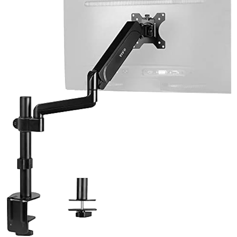 VIVO Black Single Arm Computer Monitor Desk Mount with Pneumatic Height Adjustment and Full Articulation, VESA Stand with C-clamp and Grommet Options, Holds 1 Screen up to 32 inches STAND-V001K