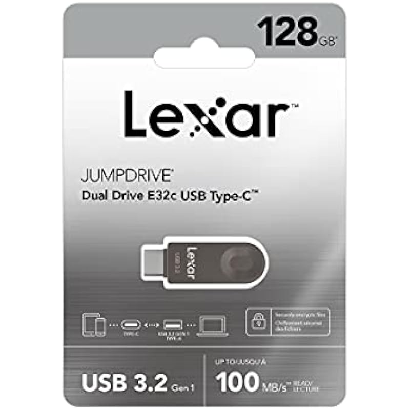 Lexar E32C 128GB Type-C USB Flash Drive, USB-A&USB-C 3.2 Gen 1 Dual Drive OTG 100MB/s Read, Thumb Drive Swivel Design Jump Drive for USB 3.0/2.0, Memory Stick for Android Smartphone, Laptop, PC