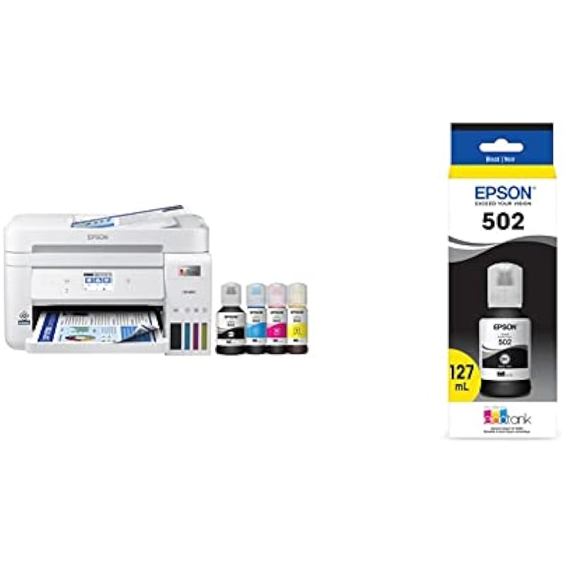 Epson EcoTank ET-4850 Wireless All-in-One Cartridge-Free Supertank Printer with Scanner, Copier, Fax, ADF and Ethernet – White & 502 EcoTank Auto-Stop Ink Bottle, Black (T502120)