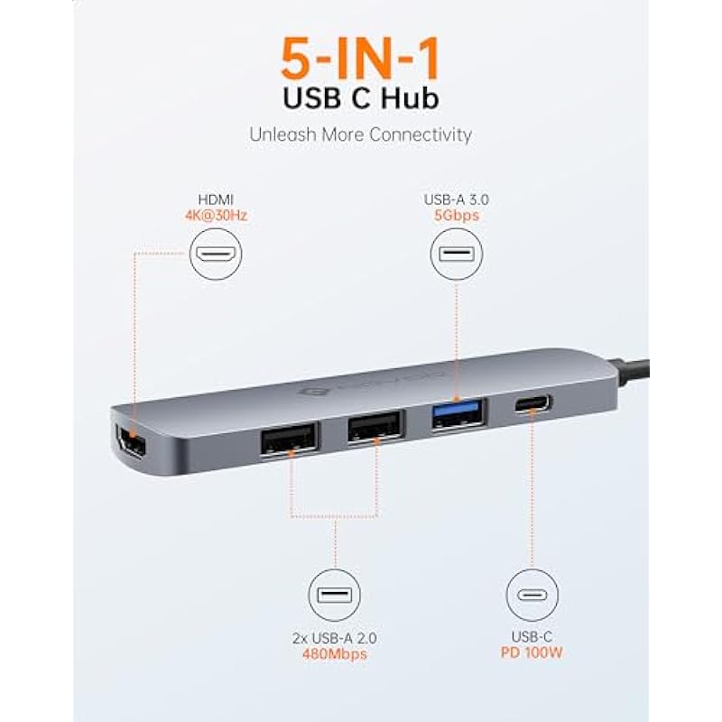 USB C Hub 4K HDMI Adapter for MacBook Pro/Air USB C Multiport Adapter with 100W Power Delivery, 3 USB-A Data Ports USB C Dongle for Dell XPS, Lenovo Thinkpad Stable Driver Adapter (NOVOO 5 in 1 Gray)