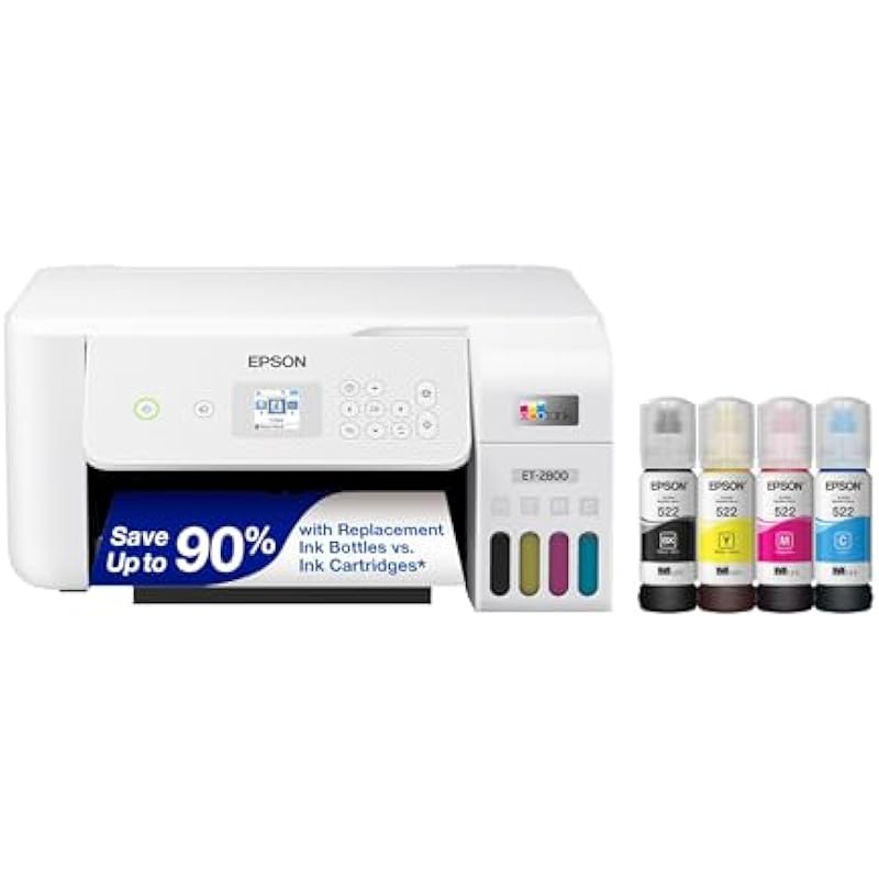 Epson EcoTank ET-2800 Wireless Color All-in-One Cartridge-Free Supertank Printer with Scan and Copy – The Ideal Basic Home Printer – White
