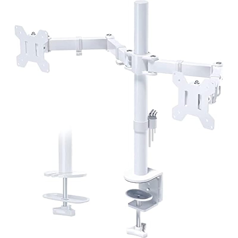 BONTEC Dual Monitor Stand for 13-27 inch Screens, Ergonomic Double Monitor Mount Stands for Desks, Height Adjustable Dual Monitor Arm Bracket Tilt 90° Swivel 180° Rotate 360°, VESA 75/100 White