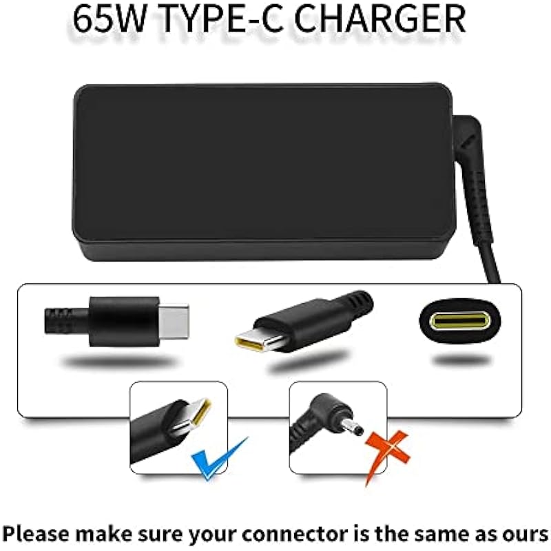 USB C 65W Laptop Charger Fit for Lenovo Yoga C740 730 730-13IKB 720 720-13IKB C930 C940 S730 730S ThinkPad T480 T580 E485 E585 Chromebook 100e 300e 500e Type C AC Power Adapter