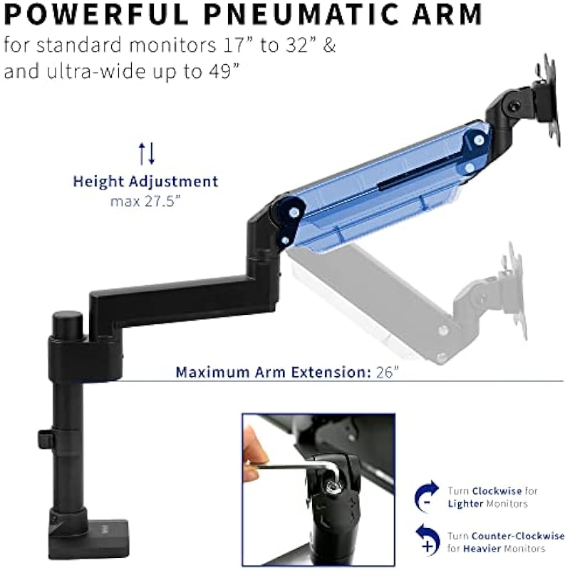 VIVO Premium Aluminum Extended Monitor Arm for Ultrawide Monitors up to 49 inches and 33 lbs, Single Desk Mount Stand, Pneumatic Height Adjusting, Max VESA 100×100, Black, STAND-V101GT