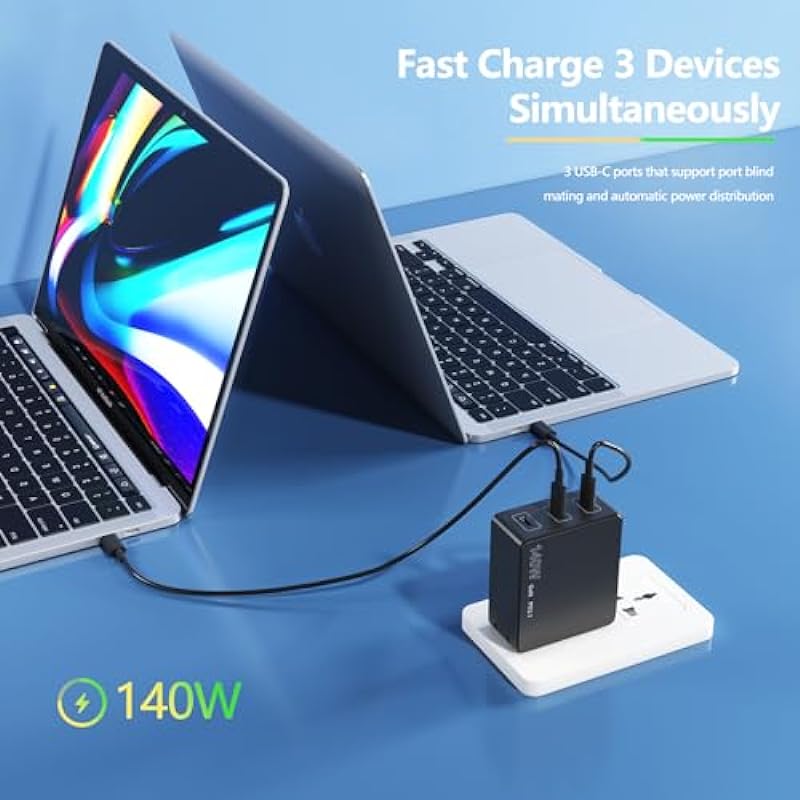 Yoocas140W USB C Charger, PD3.1 GaN 3-Port Type C Fast Charger Block, Wall Charger AC Power Adapter for ASUS ROG Lenovo ACER HP DELL MacBook Pro/Air and More, Chromebook/Gaming Laptop Power Supply.