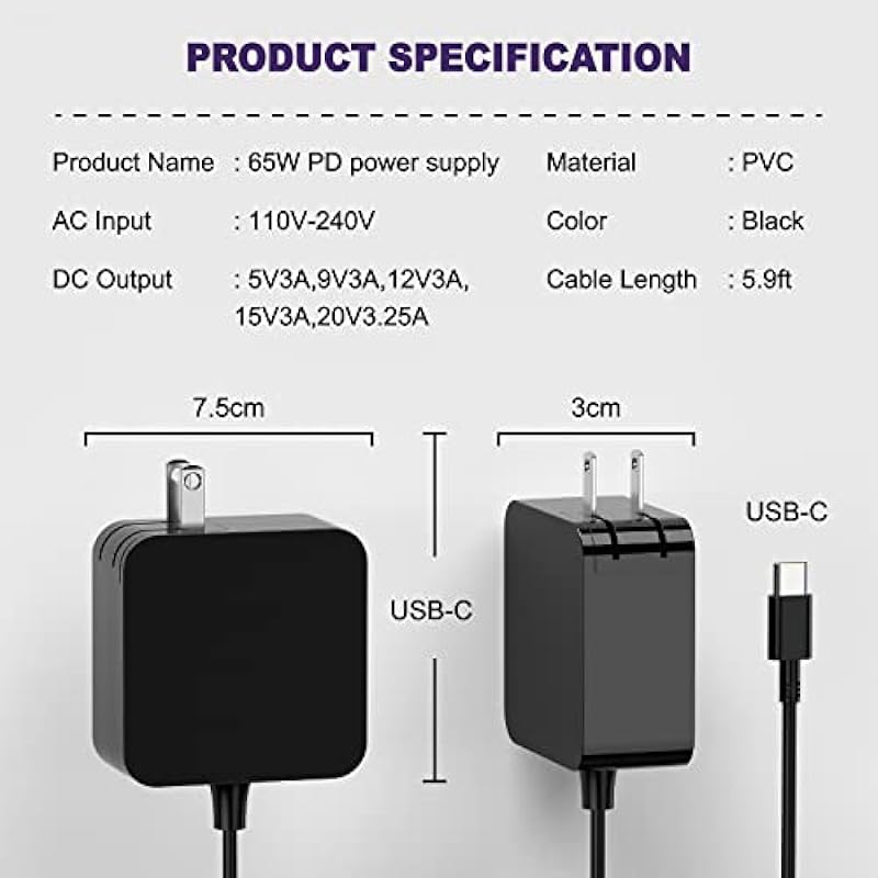 USB C Laptop Charger, Type C Charger 65W for Lenovo Thinkpad Chromebook Yoga, MacBook Pro/Air, Acer Chromebook Spin Swift, Asus,Hp,Google,Dell,Samsung,Xiaomi,LG, Type C Replacement/USB C Power Adapter