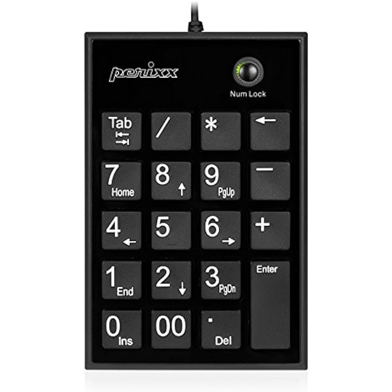 Perixx PERIPAD-202UB, Numeric Keypad for Laptop – USB – Tab Key Feature – Full Size 19 Keys – Big Print Letters – Silent X Type Scissor Keys – Black