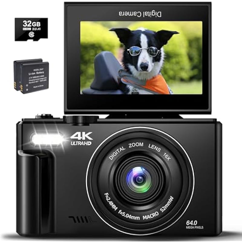 4K Digital Camera for Photography 64MP Auto-Focus Point and Shoot Digital Camera with 180° 3.0 inch Flip Screen 18X Zoom Vlogging Camera for YouTube Compact Video Camera with SD Card, 2 Batteries