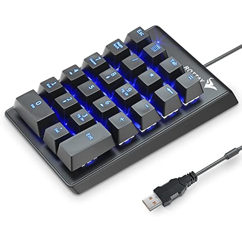 Number Pad, ROTTAY Mechanical USB Wired Numeric Keypad with Blue LED Backlit 22-Key Numpad for Laptop Desktop Computer PC – Black (Blue switches)
