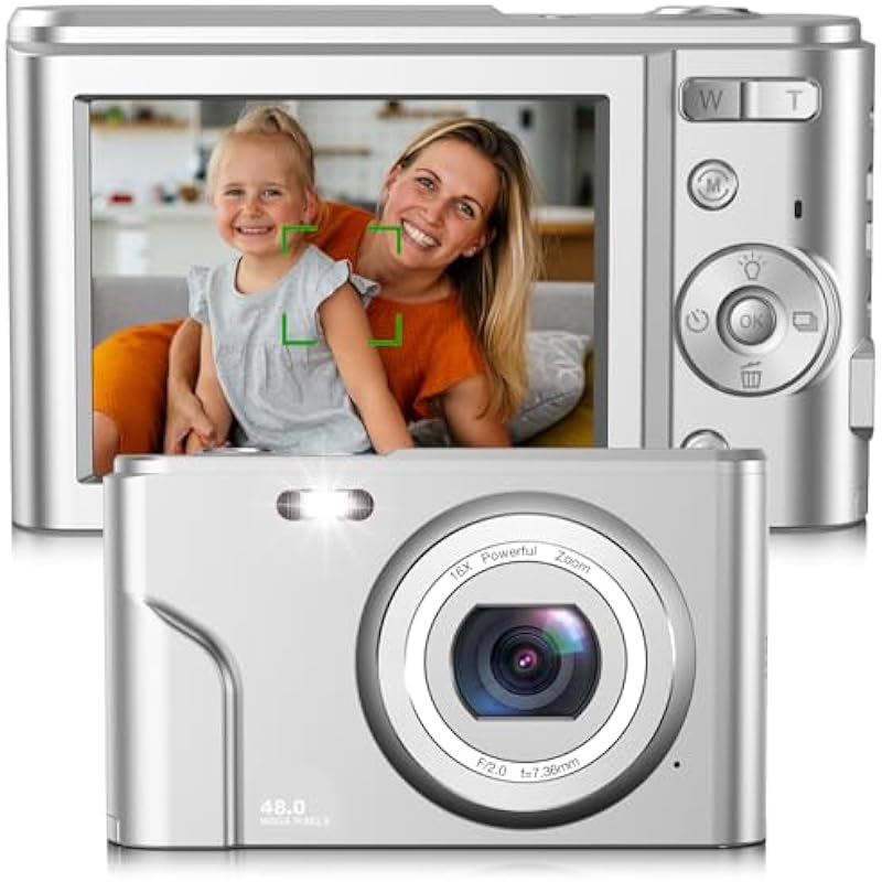 Digital Camera, Bofypoo Autofocus Kids Vlogging Camera FHD 1080P 48MP with 32GB Card, 16X Zoom Point and Shoot Digital Camera with Battery Charger, Compact Camera for Teens,Beginners (Light Silver)