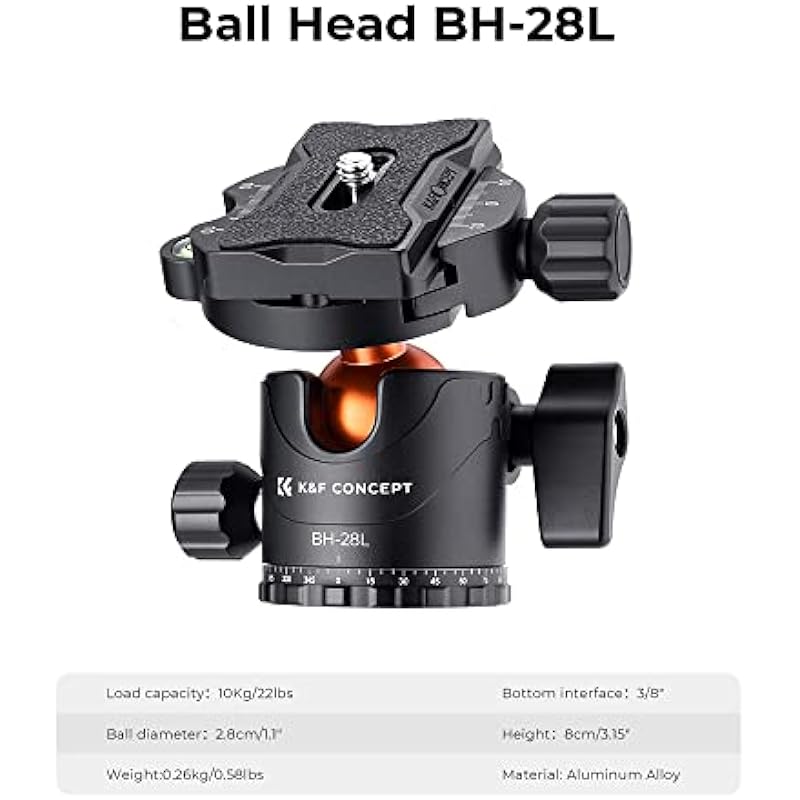 K&F Concept 64 inch/162cm Camera Tripod, Compact Aluminum Alloy Travel Tripods with 28mm Metal Ball Head 10KG/22lbs Load Capacity, Detachable Monopod, for SLR DSLR Digital Camera(B234A1+BH-28L)