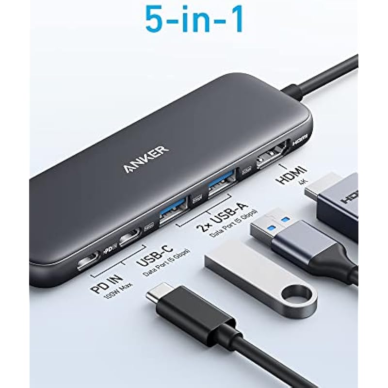 Anker 332 USB-C Hub (5-in-1) with 4K HDMI Display, 5Gbps – and 2 5Gbps USB-A Data Ports and for MacBook Pro, MacBook Air, Dell XPS, Lenovo Thinkpad, HP Laptops and More