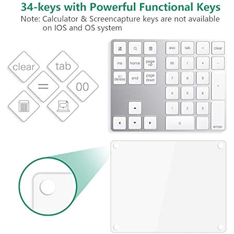 Bluetooth Numeric Keypad with Multiple Shortcuts 34-Keys Number Pad Wireless Portable Slim Number Pad for iPad/Mac/Laptop/PC for Windows Android iOS System
