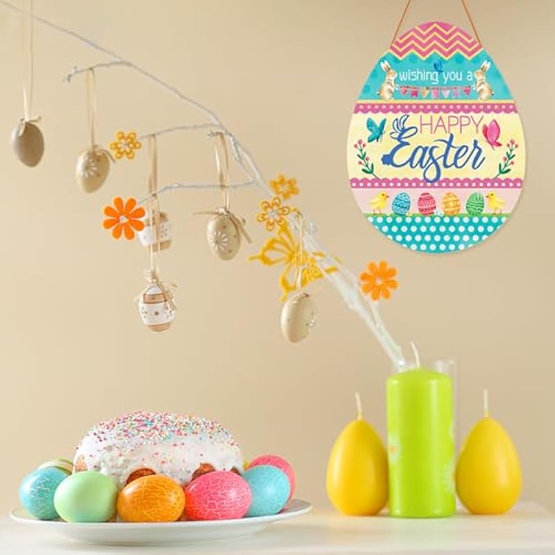 Easter Door Sign, Easter Egg Rabbit Hanging Decorations, Colorful Easter Welcome Sign for Front Door