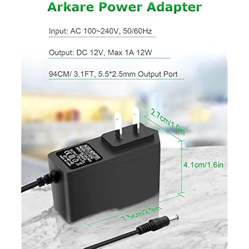Arkare 12V 1A AC/DC Power Supply Adapter 12Volt Replacement Power Cord Wall Charger AC 100V-240V to DC 12Volt 1Amp 0.5A Transformer for Security Camera BT Speaker GPS Webcam Router Scanner with 10TIPS