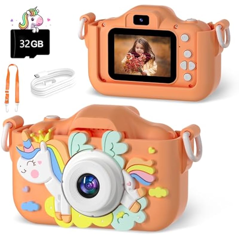 Anesky Kids Camera, Toddler Camera for 3 4 5 6 7 8 9 10 11 12 Year Old Girls/Boys, Kids Digital Camera for Toddler with Video, Best Birthday Festival Gift Toy Camera for Kids with 32GB Card – Orange