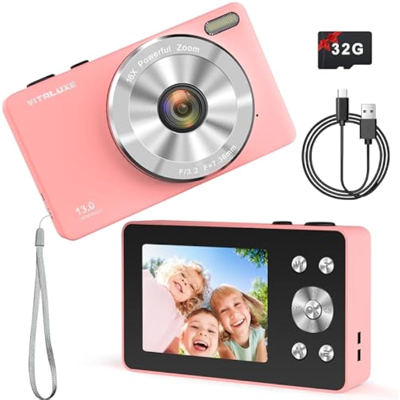 Digital Camera, 4K Kids Camera 13MP Point and Shoot Digital Cameras with 32GB SD Card 16X Zoom, 2.83” Portable Vintage Small Camera for Teens Students Kids Boys Girls Adults Beginner (Pink)