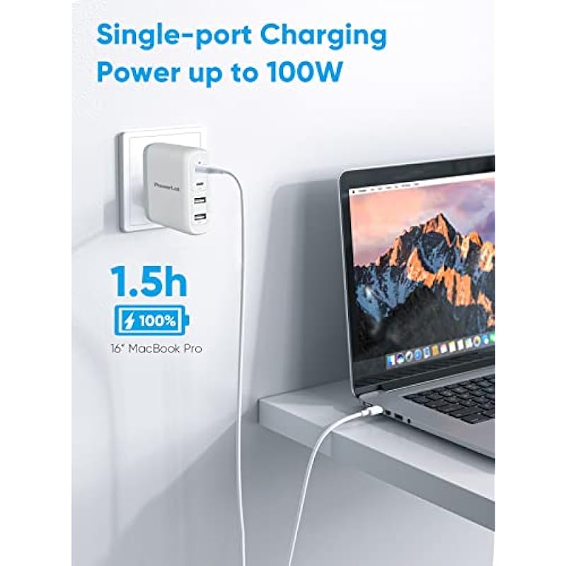 100W USB C Charger, PowerLot GaN 4-Port 100W 96W 87W 61W USB C Wall Charger, PD Laptop Charger Power Adapter for MacBook Pro/Air, iPad Pro, iPhone 14/13/12 Pro/Max, ChromeBook, iPad, Lenovo, HP, Dell