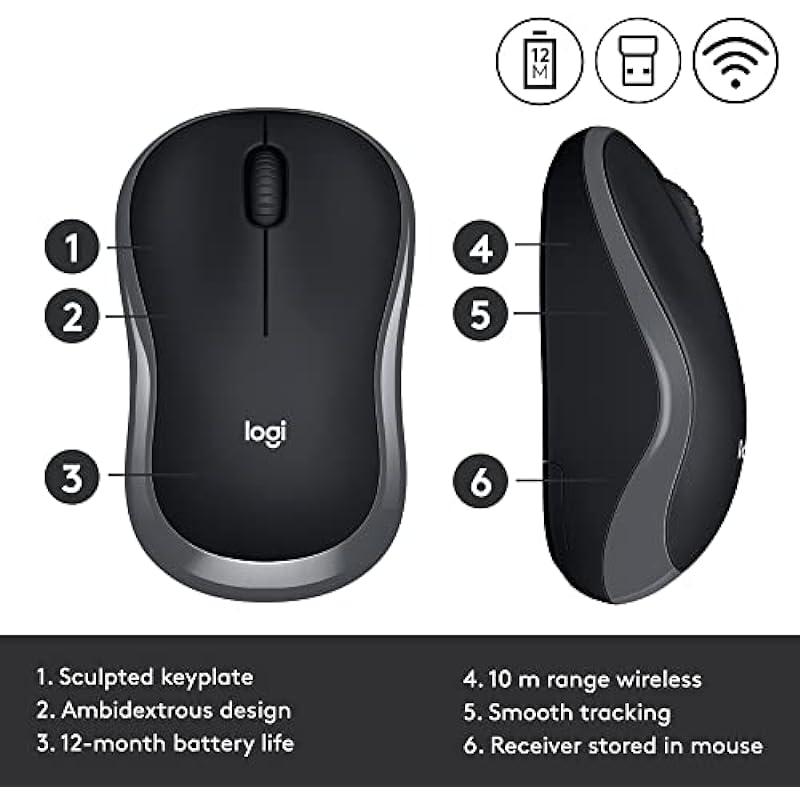 Logitech M185 Wireless Mouse, 2.4GHz with USB Mini Receiver, 12-Month Battery Life, 1000 DPI Optical Tracking, Ambidextrous, Compatible with PC, Mac, Laptop – Swift Gray