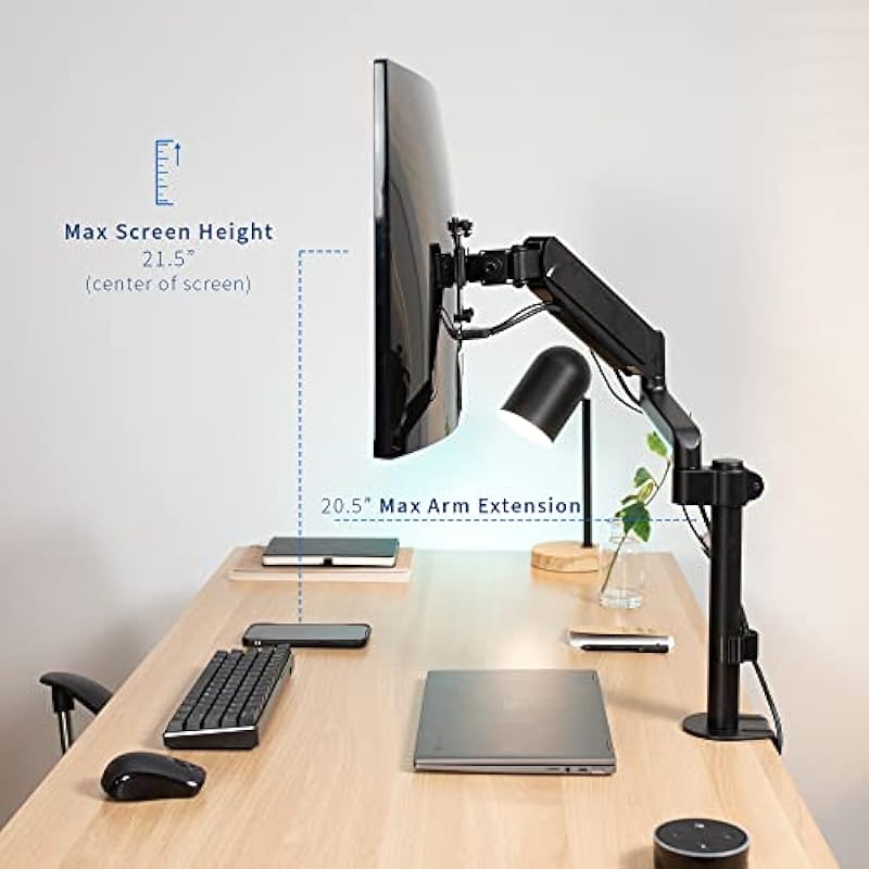 VIVO Black Single Arm Computer Monitor Desk Mount with Pneumatic Height Adjustment and Full Articulation, VESA Stand with C-clamp and Grommet Options, Holds 1 Screen up to 32 inches STAND-V001K