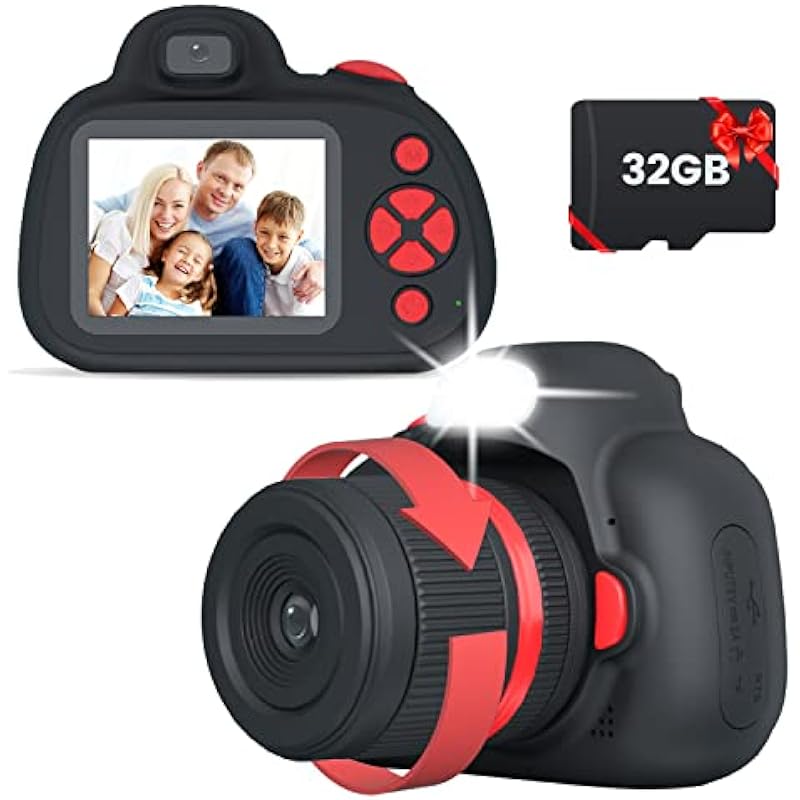 MOREXIMI Kids Camera, Digital Camera for Kids 3-8 Year Old, Birthday, Toys for Girls, 2.4“ IPS Screen, Video Camcorder with Flash, 32G Card Included, Perfect Size (Black)