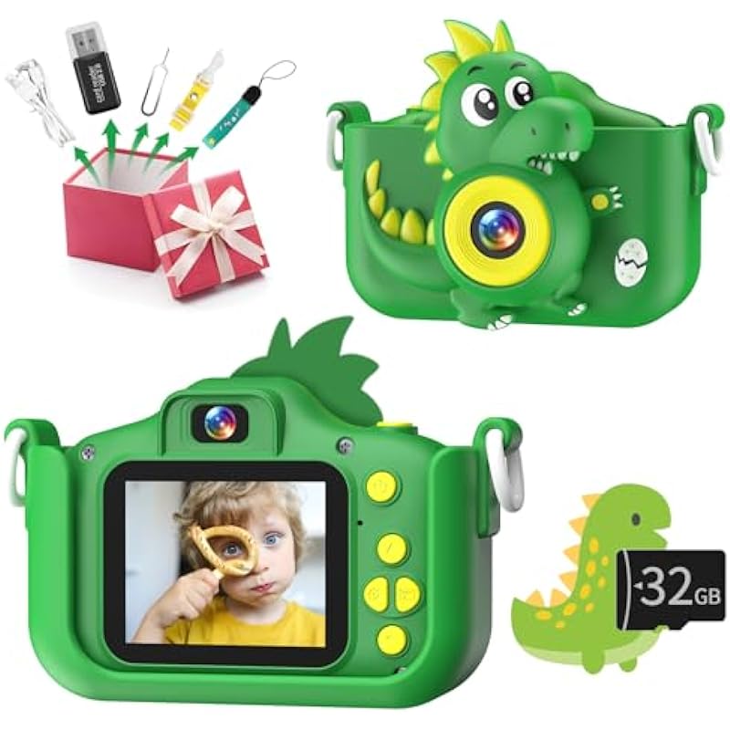 Kids Camera, Kids Digital Camera for Ages 3-12 Boys Childrens Toddler,Selfie 1080p HD Video Camera Toys Gift for 3 4 5 6 7 8 9 Year Old Kids-with 32GB SD Card（Dinosaur ）