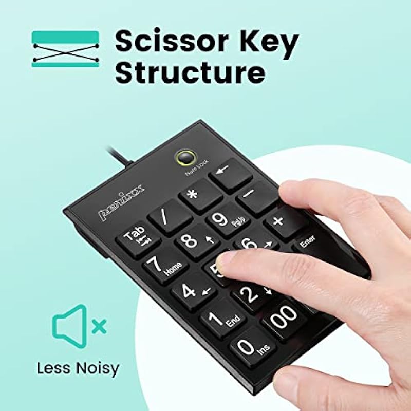 Perixx PERIPAD-202UB, Numeric Keypad for Laptop – USB – Tab Key Feature – Full Size 19 Keys – Big Print Letters – Silent X Type Scissor Keys – Black