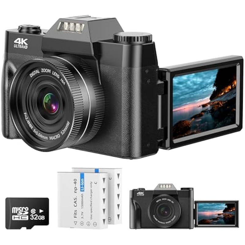4K Video Autofocus Digital Camera, 56MP Photo Vlogging Camera for YouTube with 180° 3.0 inch flip Screen, 16X Zoom Compact Camera with Two 1500mAh Batteries & 32G SD Card for Teens, Adults, Beginners