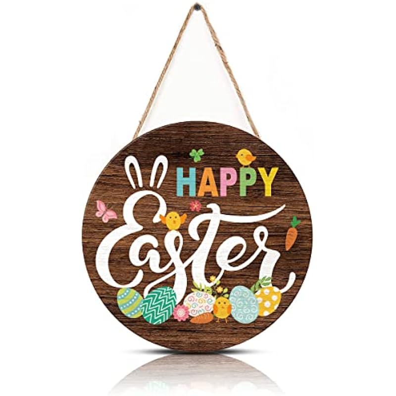 IARTTOP Happy Easter Wood Sign-12x12cm,Adorable Easter Bunny Eggs Chick Warning Sign Wooden Plaque Hanging Wall Art,Colorful Easter Rabbit Hanging For Easter Party Kid Room Home Decoration