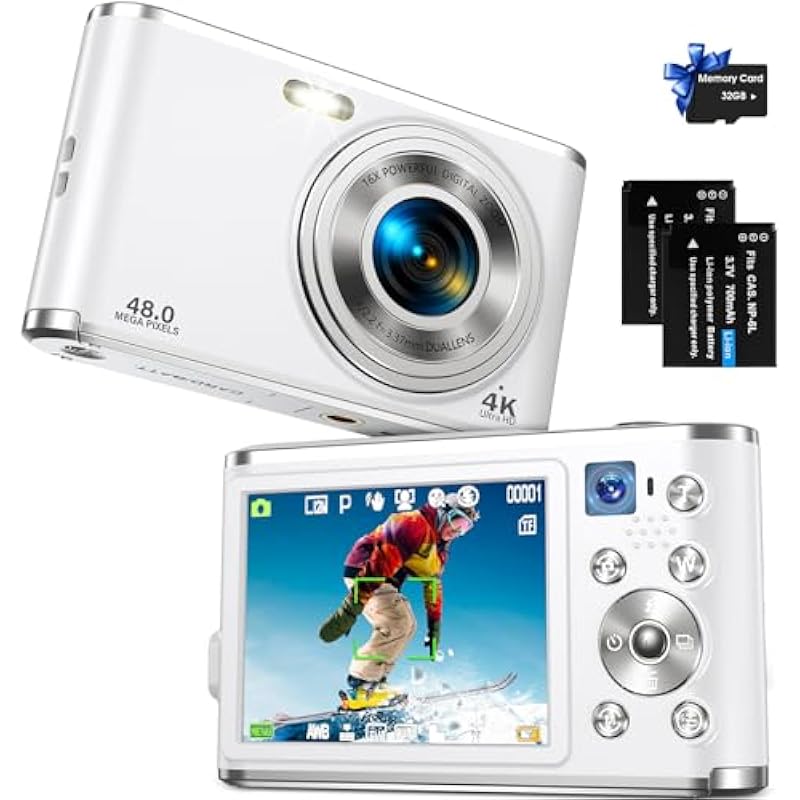 Digital Camera for Kids, 4k Camera with Lanyard 44MP Digital Point and Shoot Camera, Anti-Shake Vlogging Camera with 16X Zoom（White）