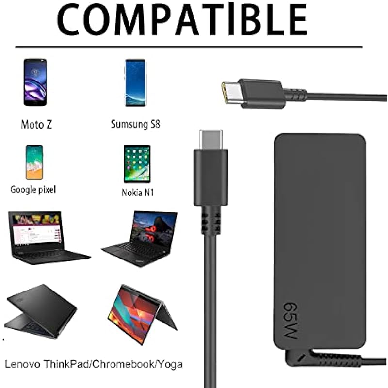 ThinkPad/Chromebook/Yoga USB-C Laptop Charger, 65W 20V 3.25A Type C Charger for Lenovo ThinkPad T480 T490 T580 L580 Chromebook 100e 300e 500e Yoga c630 910 s940 ADLX65YDC2A Adapter with Power Cord