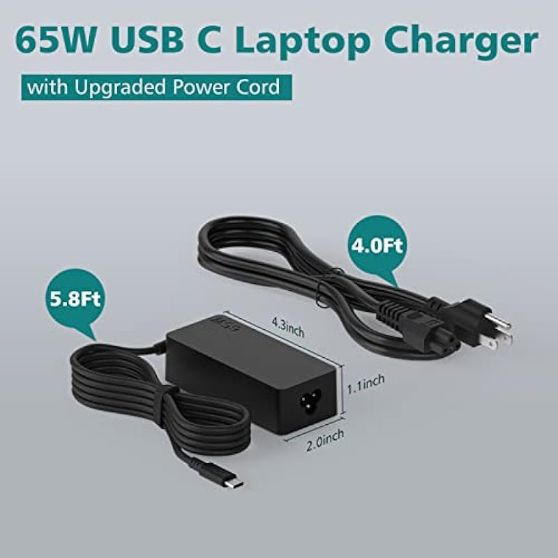 65W USB C Laptop Charger for Lenovo ThinkPad X1 T480 T490 T580s E580 E585 E590 E595 Chromebook C330 S340 300e 500e Yoga 940 930 920 730 Dell Latitude XPS, 9.8ft Power Cord