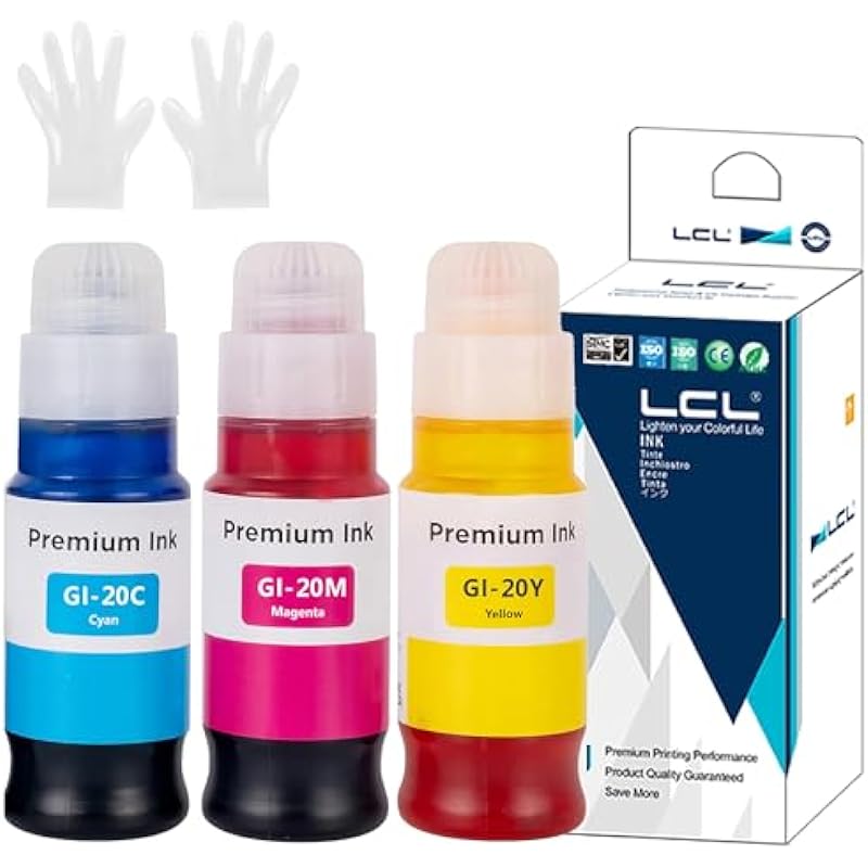 LCL Compatible for Canon GI20 GI-20 GI-20C GI-20M GI-20Y (3-Pack Cyan Magenta Yellow) Ink Bottle for Canon PIXMA G5020 G6020 G7020
