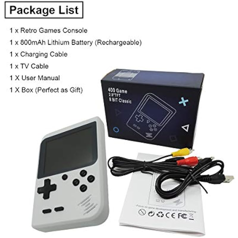Mini Handheld Video Games Console with 400 Classic Retro 8-Bit Games, 2.8 Inch Screen, Rechargeable Battery, TV Video Output, Birthday Present Game Console for Boy Girl