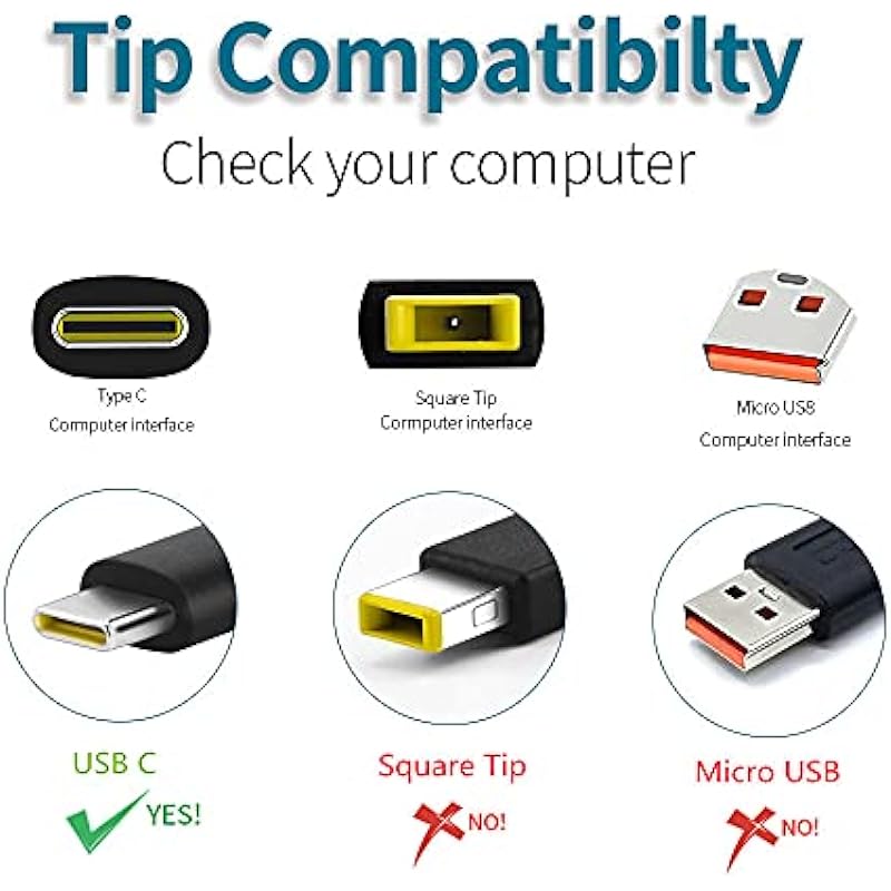65W USB C Type C AC Charger Compatible with Lenovo Yoga 7i 9i 720 730 720-13 730-13 720-13IKB 720-131KB 730-13IKB 730-131KB ，Chromebook 100e 300e 500e C330 Laptop Power Supply Adapter Cord