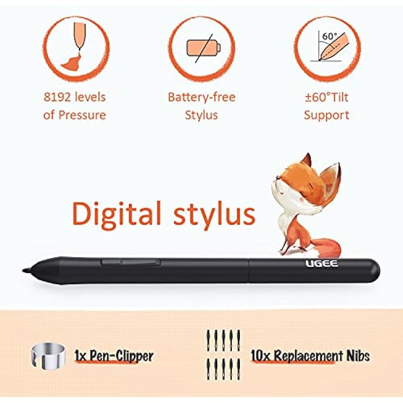 UGEE Drawing Tablet S640 Digital Graphics Pad with Battery-Free Stylus Tilt Function 8192 Pressure Sensitivity 10 Express Keys Pen Tablet for Beginner Support Windows Mac Linux Android