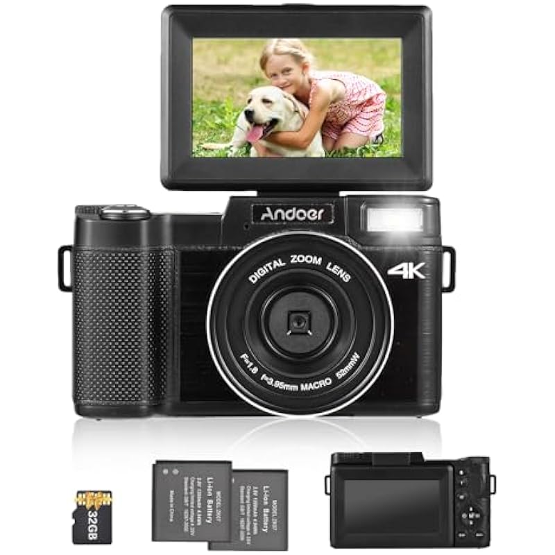 Andoer Portable Digital Camera with 3.0-inch TFT Rotatable Screen 48MP 4K Ultra HD 16X Zoom Support 128GB Extended Memory Anti-Shaking with 2pcs Batteries 32GB Memory Card