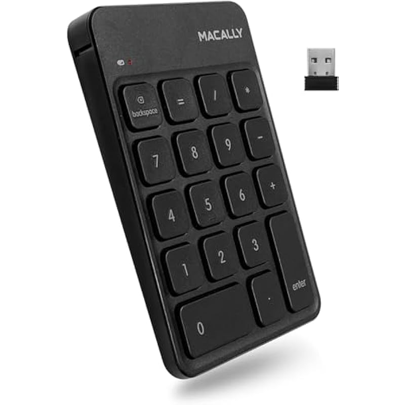 Macally Wireless Number Pad for Laptop – Slim 2.4G USB Number Keypad – 18 Key Rechargeable Numeric Keypad with USB Receiver for Data Entry – 10 Key Numpad Keyboard for Mac, MacBook – Black