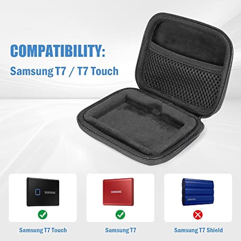 ProCase Samsung T7/ T7 Touch Portable SSD Hard Carrying Case and 2 Cable Ties, Hard EVA Shockproof Storage Travel Organizer for T7/ T7 Portable 500GB 1TB 2TB USB 3.2 External Solid State Drives –Black