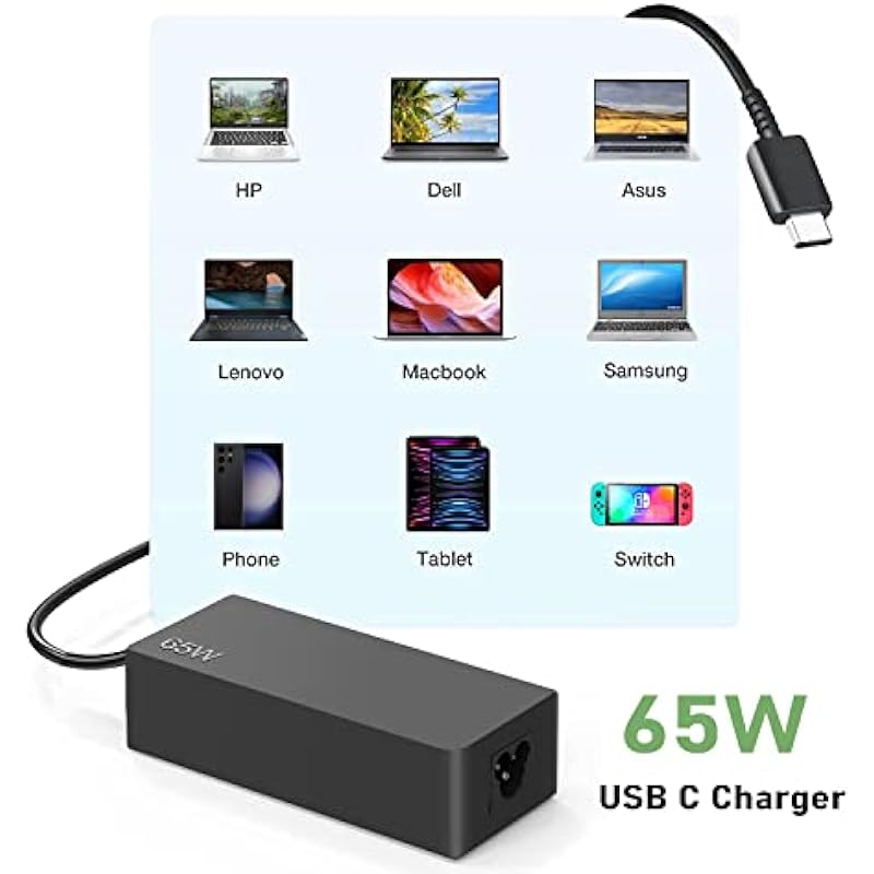 PAEBAI+ 65W 45W USB C Laptop Charger Chromebook for Lenovo Yoga Thinkpad T480 T490, Dell Latitude 5420, HP EliteBook X360 ASUS ZenBook Type C 20V 3.25A AC Power Adapter Supply Cord