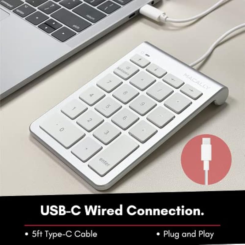 Macally Wired USB C Number Pad Keyboard – Type C Numeric Keypad for Laptop, Apple Mac iMac MacBook Pro/Air, iPad, Windows PC, or Desktop Computer – 10 Key USB Keypad Numpad with 5 Foot Cable