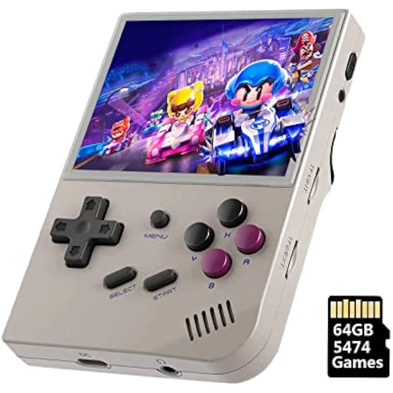 RG35XX Handheld Game Console, HDMI TV Output 3.5 Inch IPS Screen Linux System Built-in 5474 Classic Video Games 64G TF(Grey)