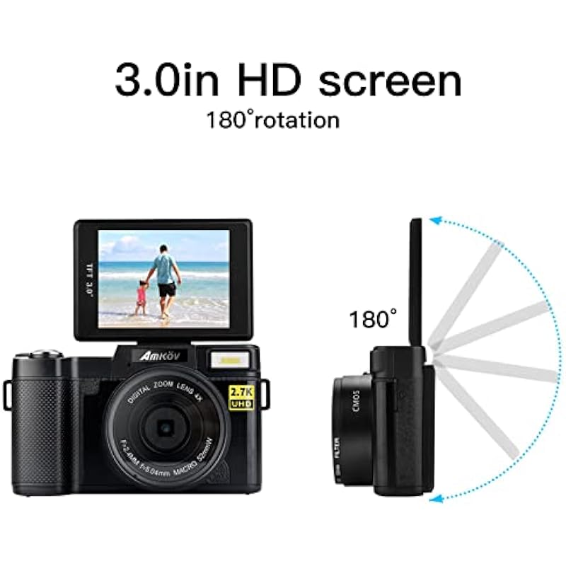 2.7K Digital Camera, 48MP High Definition DSLR Camera, 3.0 Inch TFT Color LCD Screen, 180 Degree Rotation, with Automatic Flash, USB Charging, Support Up to 128GB Memory Card
