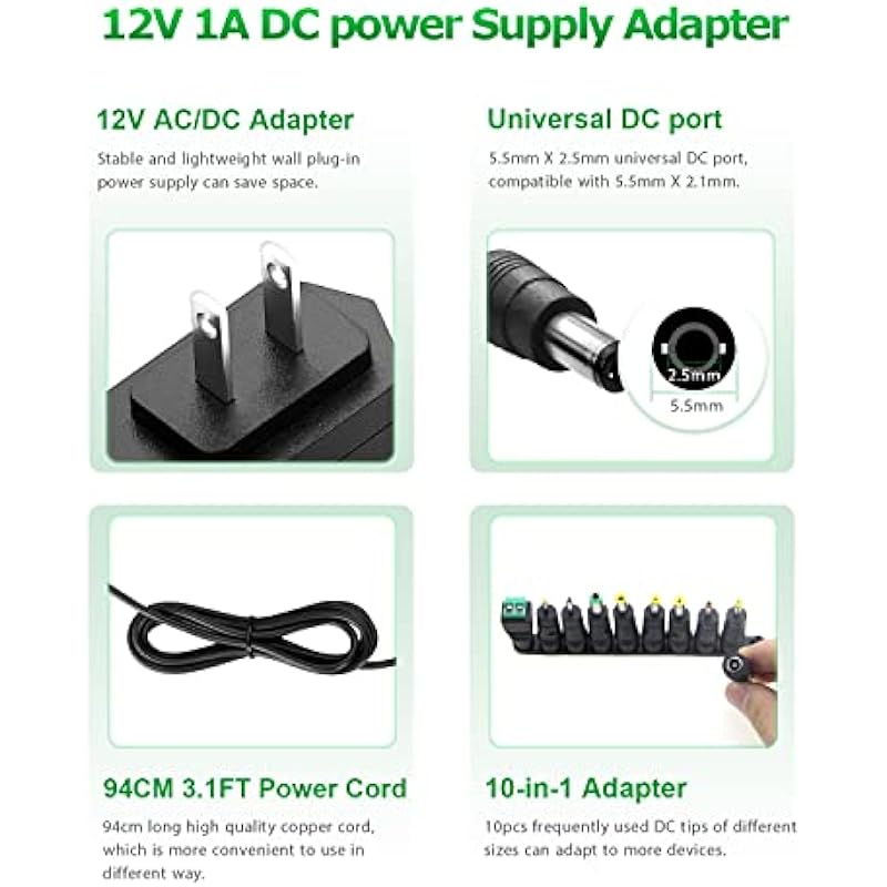 Arkare 12V 1A AC/DC Power Supply Adapter 12Volt Replacement Power Cord Wall Charger AC 100V-240V to DC 12Volt 1Amp 0.5A Transformer for Security Camera BT Speaker GPS Webcam Router Scanner with 10TIPS