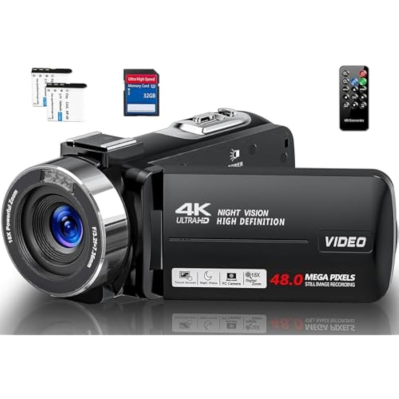 Camcorder Video Camera Ultra 4K 48MP 30FPS with IR Night Vision,18X Digital Zoom Camera Recorder 3.0″ LCD Touch Screen Vlogging Camera for YouTube with Remote Controller, 2 Batteries, 32GB SD Card