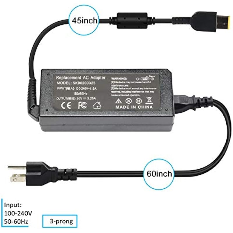 65W 45W USB Laptop Charger for Lenovo ThinkPad X1 Carbon X270 X240 E440 E450 E550 T540P T440 T440P T450 T440S T460 T460S T470 G40 G50-45 G50-80 Yoga 13 Yoga 2 Z505 Z580 Adapter Power Cord 20V 3.25A