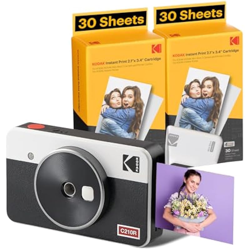 Kodak Mini Shot 2 Retro | 68-Sheet Bundle | Portable Wireless Instant Camera & Photo Printer, Compatible with iOS & Android and Bluetooth Devices, Real Photo (2.1×3.4) 4Pass Technology – White