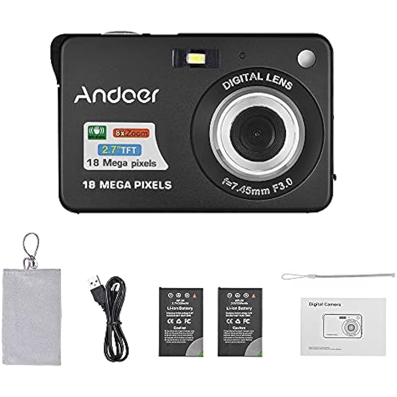 Andoer’s 18M 720P HD Digital Camera Video Camcorder, Includes 2 Rechargeable Batteries, 8X Digital Zoom, Anti-Shake, and 2.7inch LCD Display – Perfect for Kids and Adults