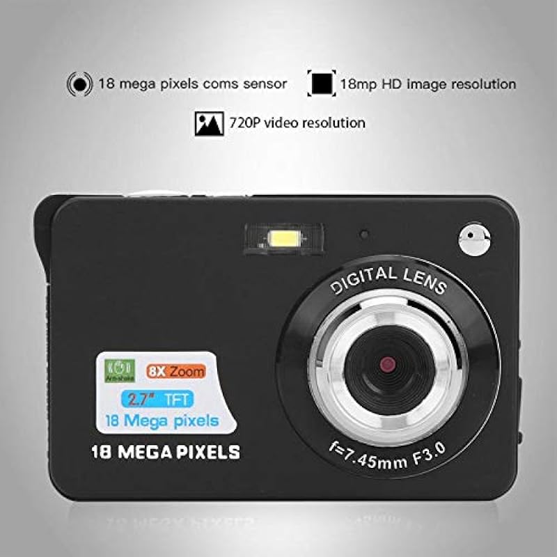 Digital Camera 8X Zoom, 18MP Pocket Compact Digital Camera with 2.7in LCD Display, CMOS Sensor, Built-in Microphone, Support Maximum 32GB Memory Card(Black)